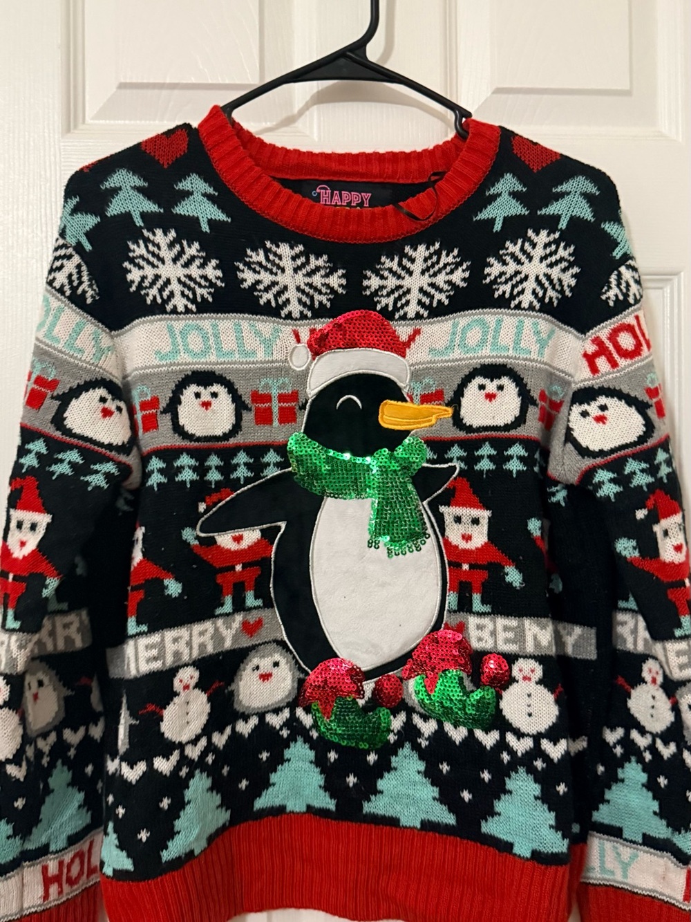 Urban Heritage Black Red Green Penguin Sequin Holiday Sweater